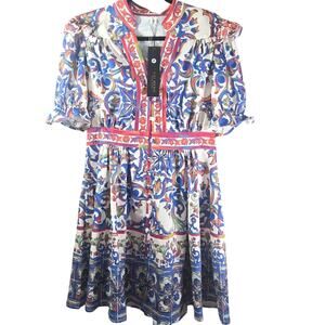Lai Meng Women's button up floral print NWT mini dress boho puff sleeve Medium